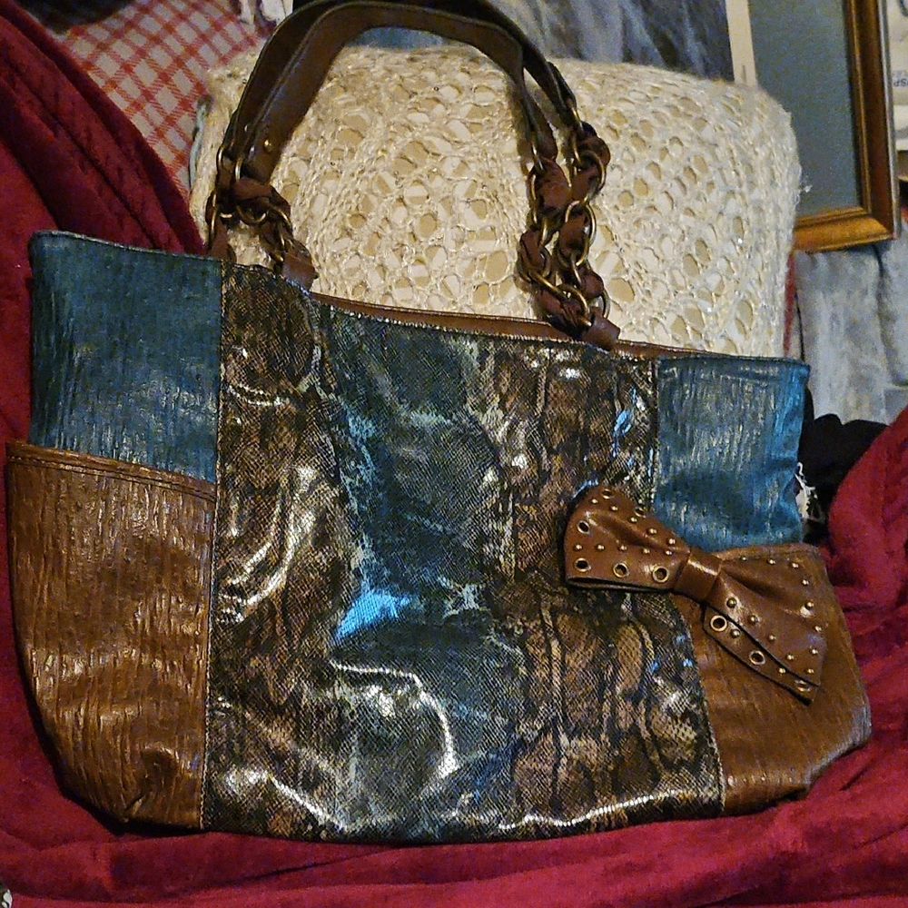 NWOT Jessica Simpson Metallic Blue & Brown Tote W/middle Zip Pocket & Storage